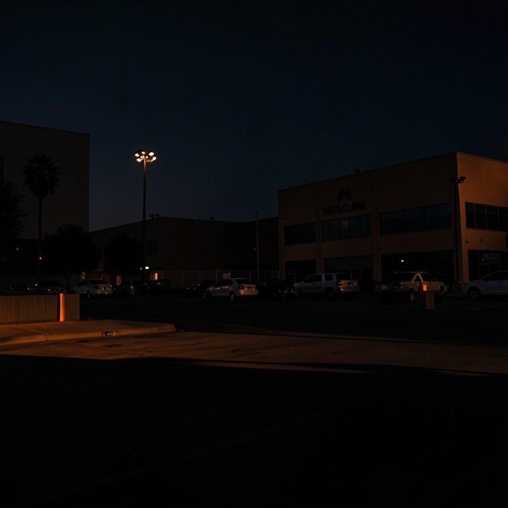 A dim, low-key photograph of open fairground buildings and pathways under an overcast dusk sky in muted grey and brown tones