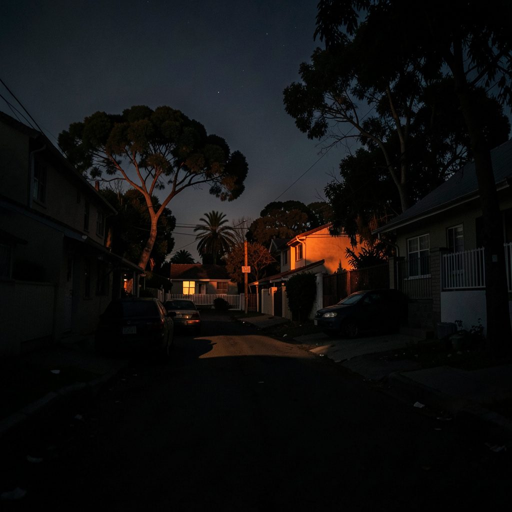 Dark, low-key photograph of a San Jose neighbourhood at dusk with deep navy shadows and warm amber streetlights along a quiet residential street