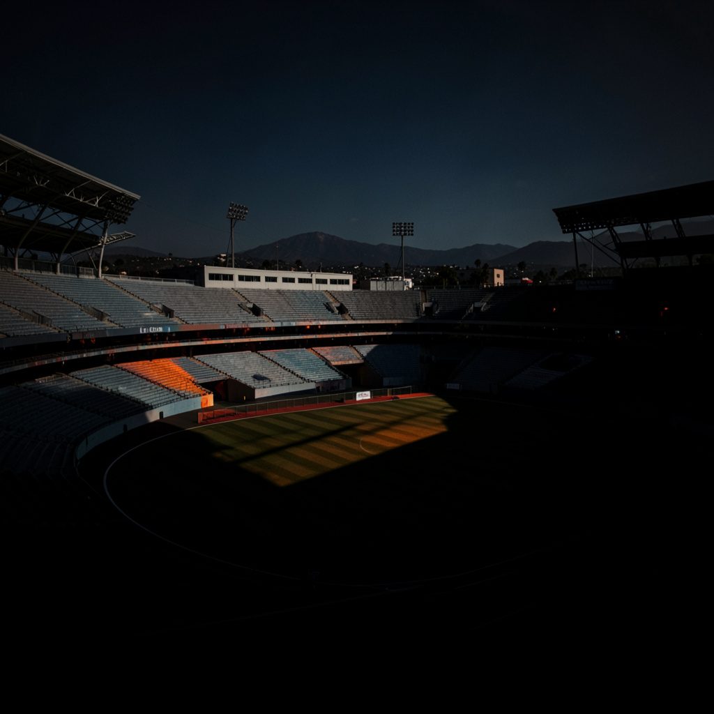 A shadowy, dramatic photograph of a large stadium structure under a dark evening sky with subtle blue and grey tones
